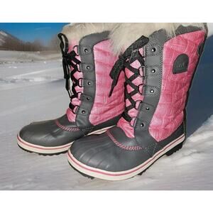 Sorel Tofino II Snow Boots YOUTH Size 6 Pink Gray Waterproof Fleece Fur Trim